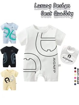 2025 Moda Neonati Tuta Set Bambino manica corta Bavaglino sciarpa 2 pezzi Vendita calda estiva Nuovi body per bambini Morbido neonato Pagliaccetto per ragazzo