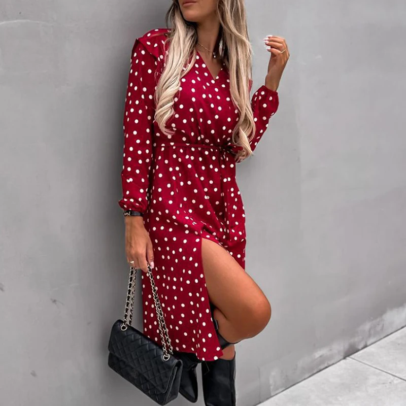 

Spring Wrap V Neck Belted Women Party Dress Elegant Polka Dot Print Split Long Dress Autumn Long Sleeve A-Line Office Lady Dress