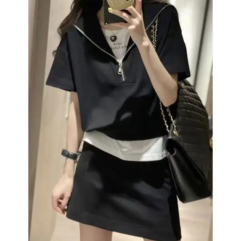 Sports Casual Ladies Solid Color Two-piece Suit Summer Fashion Tops Zipper Pullovers Loose High Waist A-line Skirt Dress Sets