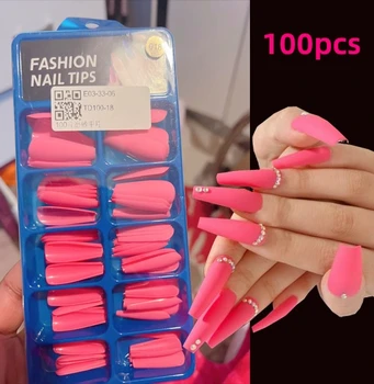 100pcs Pink Matte Long Ballet Press On Nails Solid Color Coffin Shape False Nails Full Cover Artificial Nail Tips with 10-Sizes*