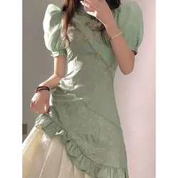 Double Layer Bubble Sleeved Improved Cheongsam New Modern Chinese Style Slim Dress 2023 Elegant Embroidery Traditional Qipao