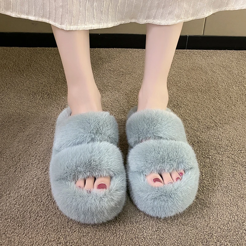 

New 2023 Winter Warm Fur Slippers Fluffy Slippers Plush Flat Bottom Non Slip Roomshoes Fashion Plush Thick Sole Women's Slippers