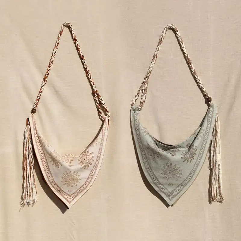 Retro Print Triangle Bag Shoulder Bags Women Bohemian Style Woven Strap Handbag Ladies Casual Elegant Ethnic Crossbody Bag 2025