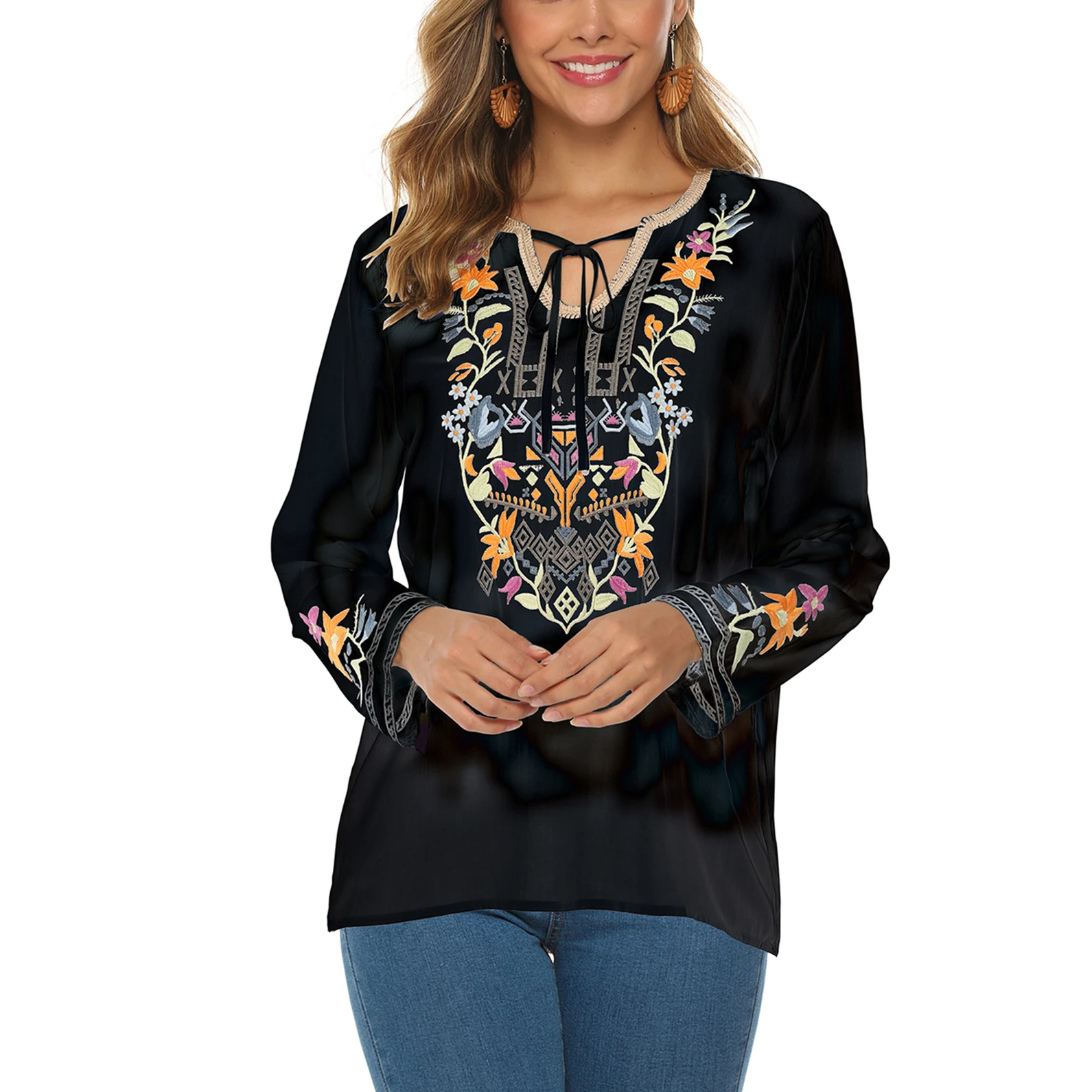 

TEELYNN Holiday Beach Wear Shirts Blusas Boho Long Sleeve Summer Blouses for Women Casual Floral Embroidery Oversize Blouse