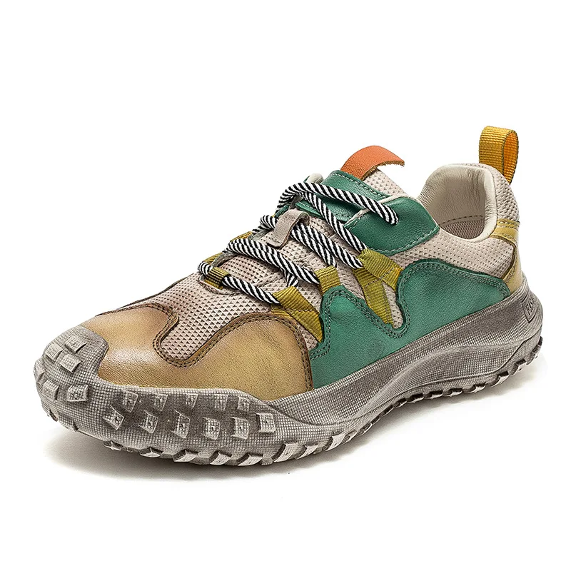 

2022 New Lace-up Shoes Women's Sneakers Genuine Leather Mixed Color Handmade Comfortable Retro Platform Sneakers