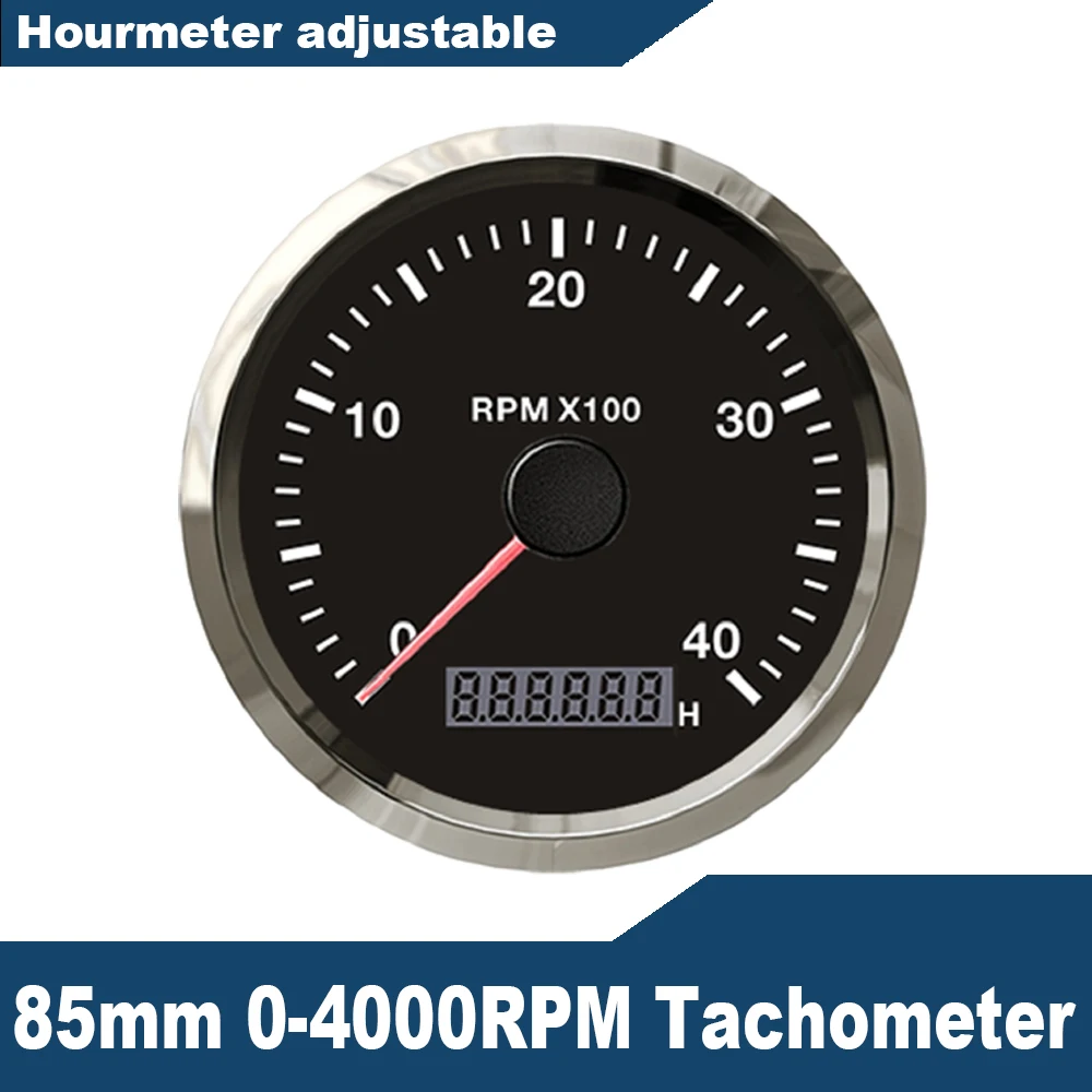 New 85mm Waterproof Auto Marine Tachometer with LED Hourmeter Adjustable  0-3000 RPM 0-4000 RPM 0-8000 RPM 0-12000 RPM 12V 24V