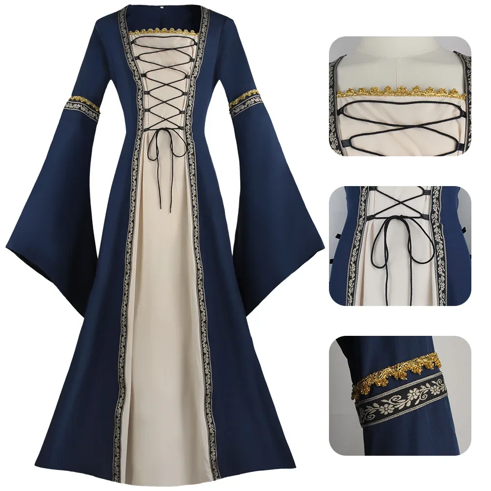 

Halloween Women European Medieval Court Fancy Vampire Cosplay Costume Carnival Vintage Strapless Long Sleeve Queen Elegant Dress