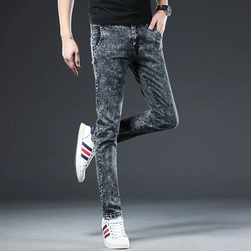 2024 Classic Korean Fashion Street Trendy Men Skinny Retro Snowflake Design Slim Fit Denim Pants New Elastic Cotton Men Jeans 5