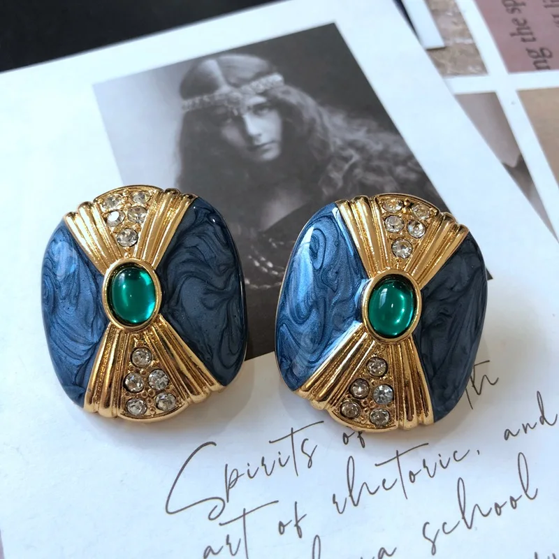 Vintage Electroplated Carved Pattern Blue Glaze Enamel Earrings