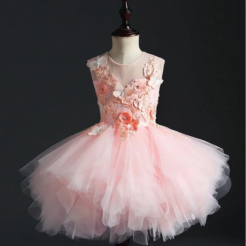 Girl Wedding Party Flower Girl Dresses Pink Tulle Trailing Princess Gown Beaded Floral Girls Pageant First Communion Gown