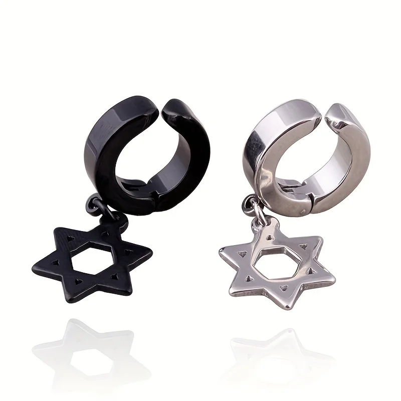 2pcs Fashionable Stainless Steel No Ear Holes Cross Ear Clip Non-Piercing Tassel Star Blade Earrings Jewelry For Men Women,ear clip earrings,clip earrings,ear clip,ear accessories
