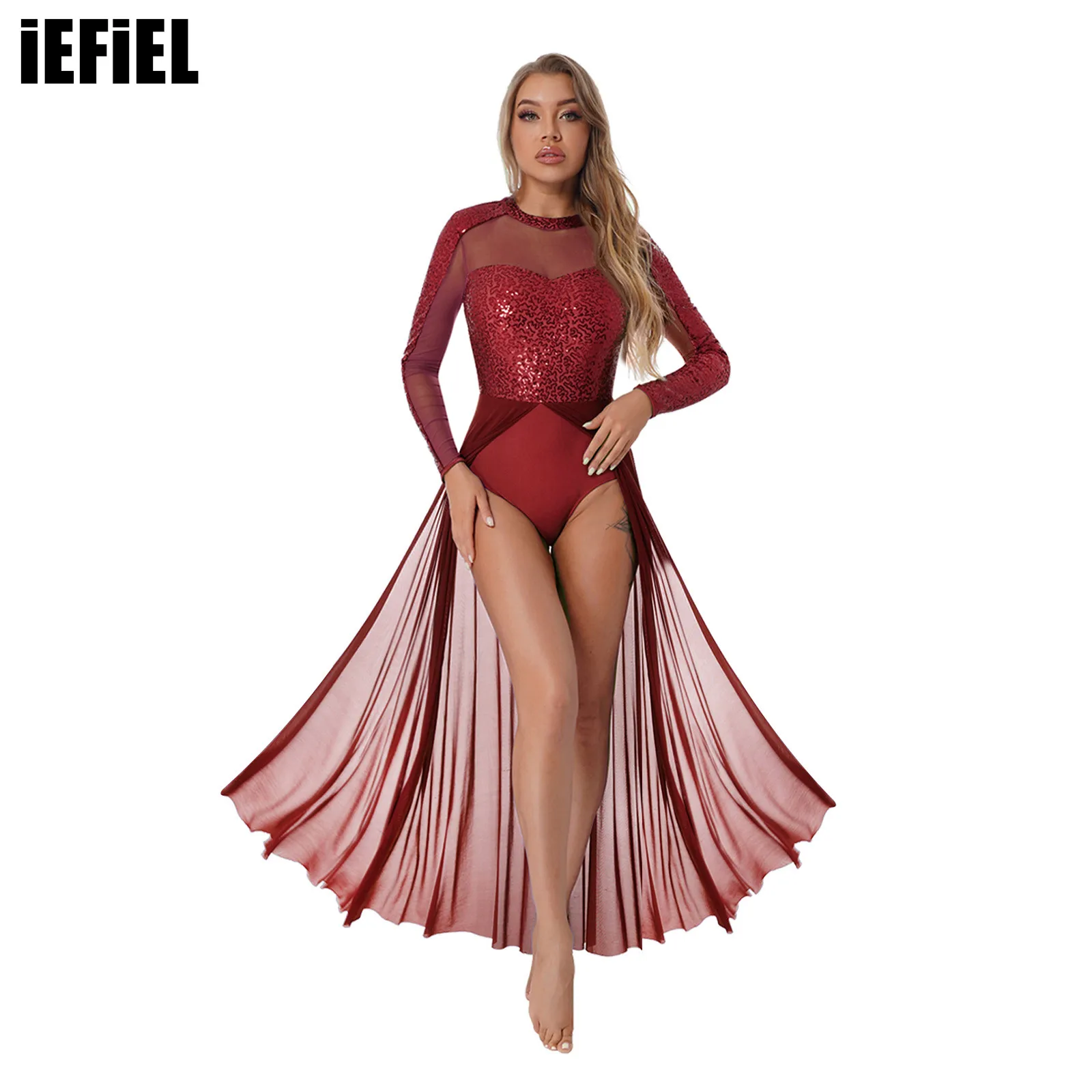 

Womens Sparkling Sequins Long Sleeve Dance Dress See-through Mesh Patchwork Dresses Performance Costume