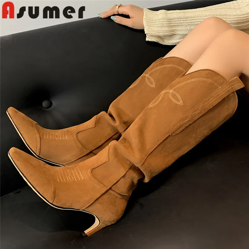 

ASUMER 2024 New Genuine Leather Pleated Knee High Boots Square Toe Ladies Slip On Embroider Boots Thin High Heels Western Boots