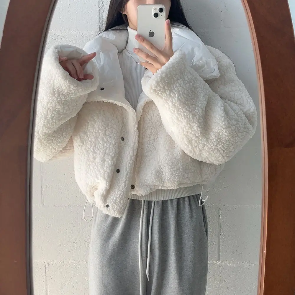 Korean Double-Sided Wear Lamb Fur Patchwork Down Cotton Jacket Women's Autumn Winter Fashion Short Big Lapel Student Bread Coat