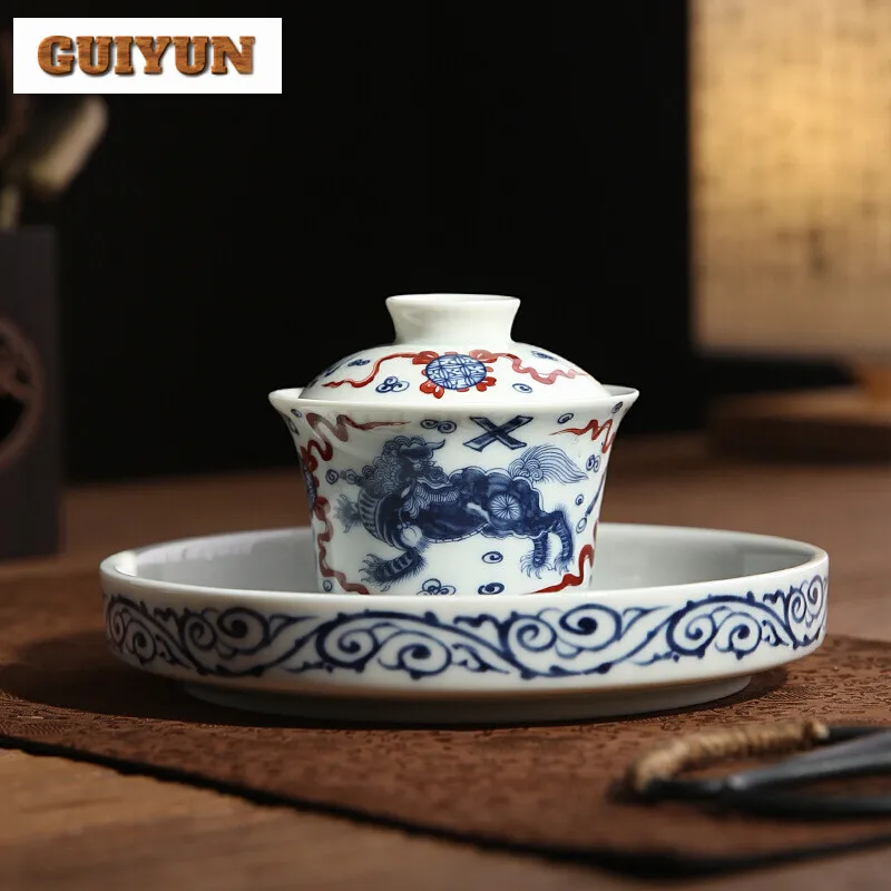 110ml Jingdezhen Blue and White Porcelain Egret Lotus Gaiwan Antique Tea Tureen Household Tea Making Cover Bowl Drinkware Craft