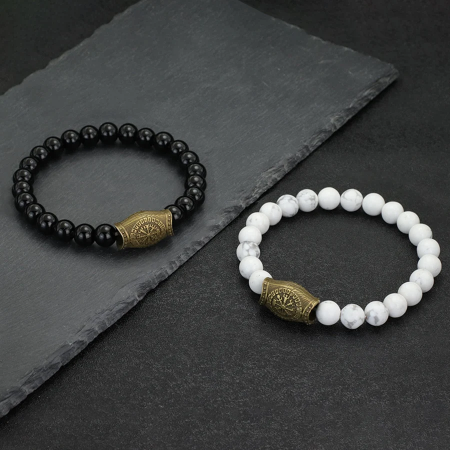 Men Stone Viking Bracelet Handmade Lava Onyx Hematite