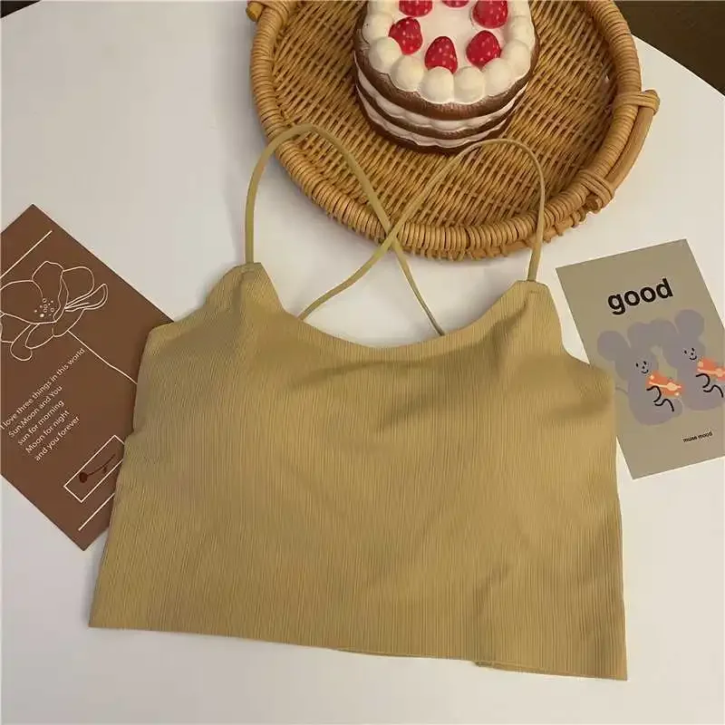 1pc Women Sexy Solid Color Camisole Ice Silk Tube Seamless Sports Tank Top Wireless Underwear Padded Bra Bralette Vest