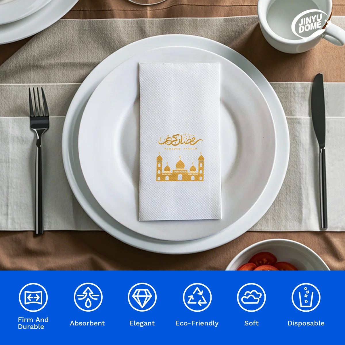 Eid Mubarak Ramadan Napkins 50/100Pcs Disposable Paper Napkins, 2Ply, 15.75x15.75inch, Gold Printing with Moon/Party/Hand Towels