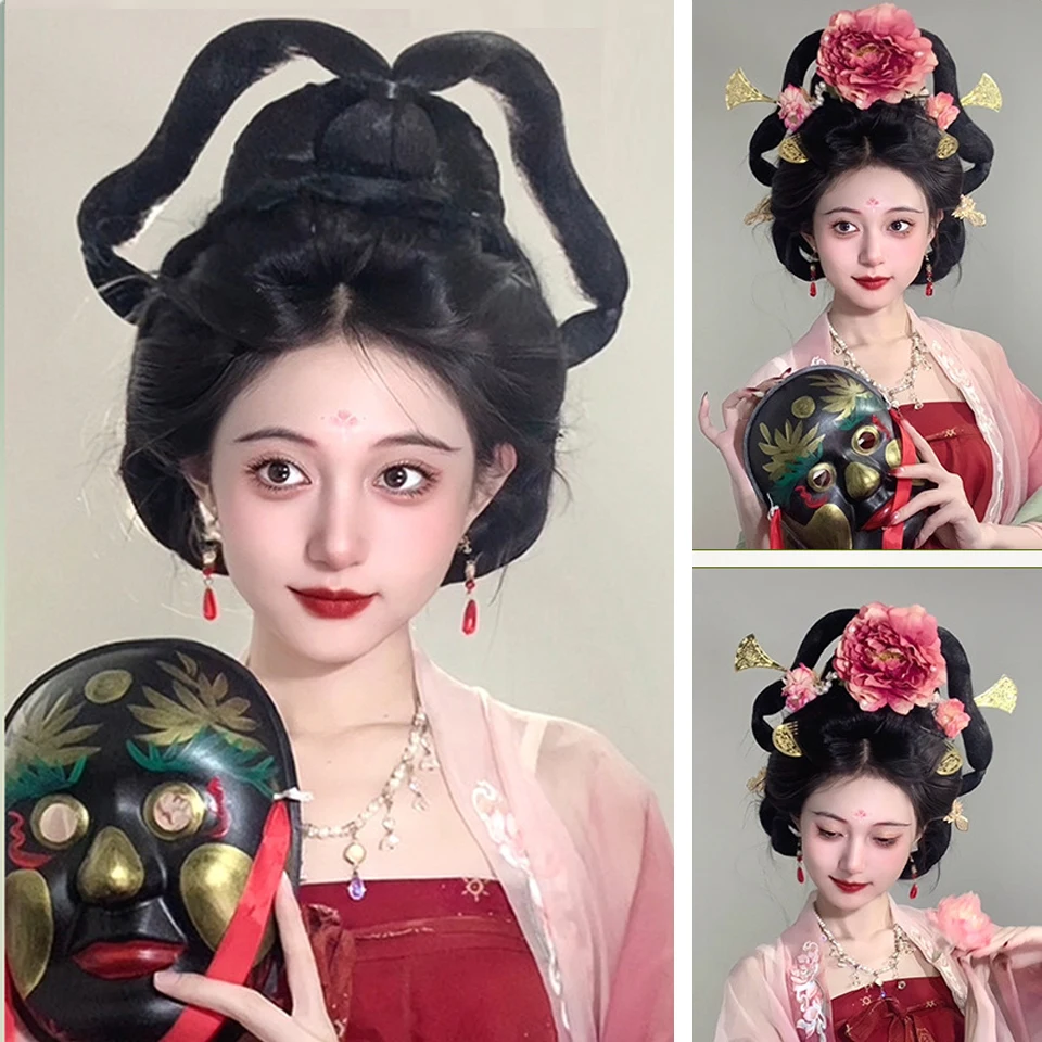 Hanfu 가발 고대 의상 중국 전통 머리띠 chignon 공주 머리 묶음 코스프레 빈티지 가발 여성용 합성 머리