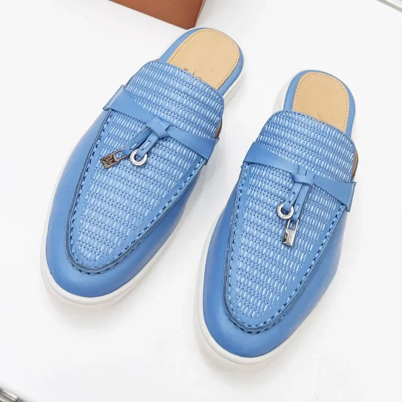 

Spring Summer Blue Color Casual Flat Bottom Muller Shoes Women's Round Toe Weave Shallow Mouth Metal Ornament Flat Bottom Shoes