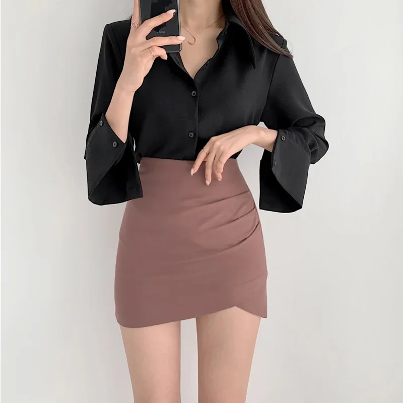 thumbnail image 1 of Falda ajustada marrón para mujer, minivestido de cintura alta, elástica, irregular, profesional, ajustada, temporada de otoño, 1 of 5