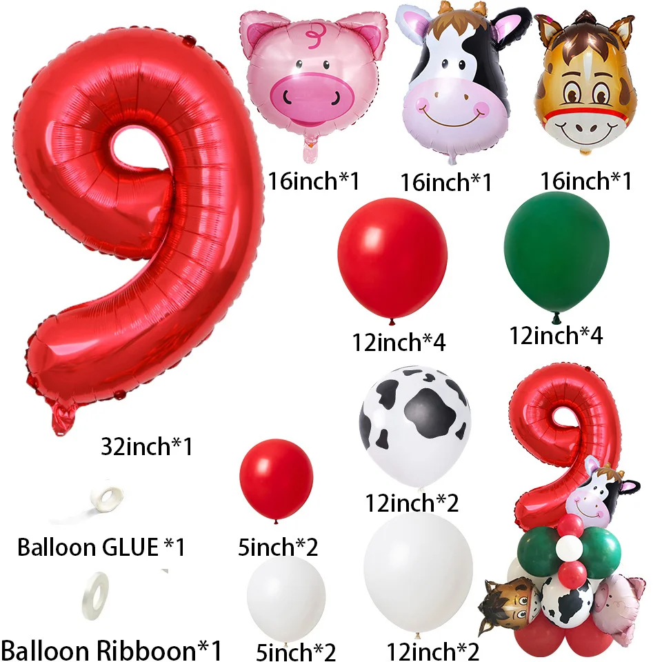 22pcs Farm Animal Theme Cow/Pig Balloons Tower Set 1-9inch Red Balloon Kids Happy Birthday Party Decoration Farm Party Supply