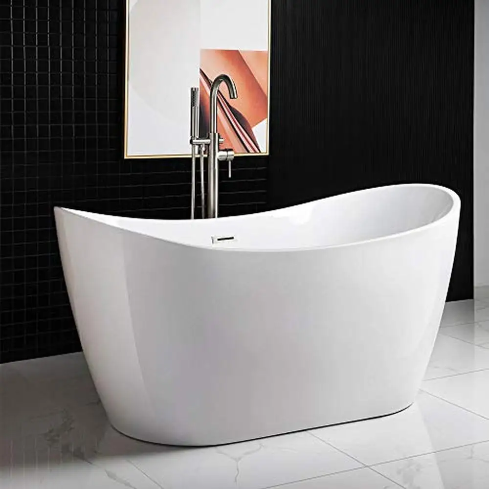 59" Sleek White Acrylic Soaking Bathtub with Brushed Nickel Drain and Overflow Premium Quality Design 5