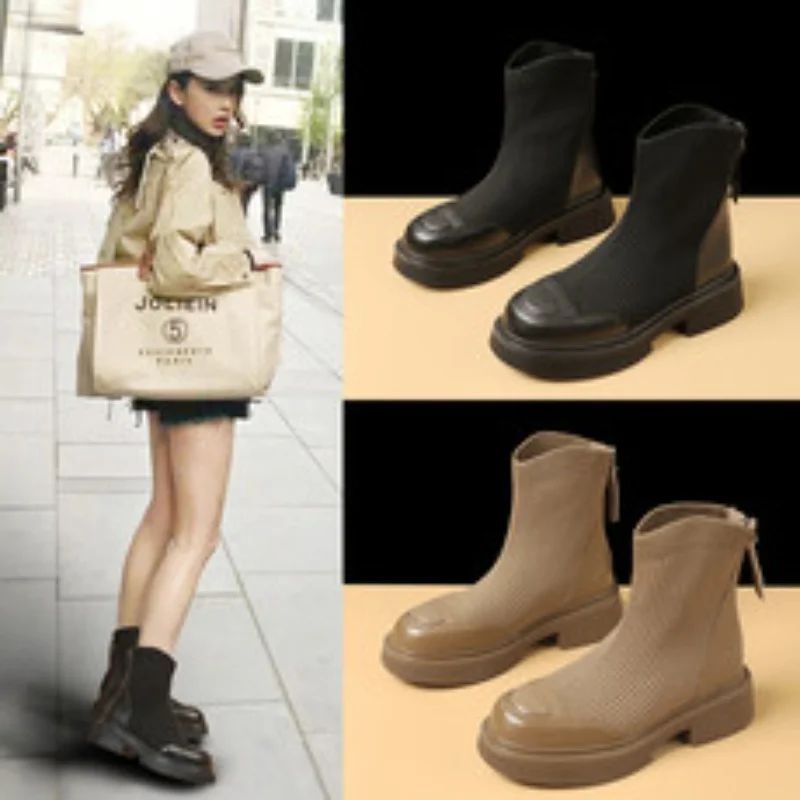 

Thick Heel Knitted Elastic Slim Boots Thin Fleece Soft Sole Back Zipper Martin Women's Boot