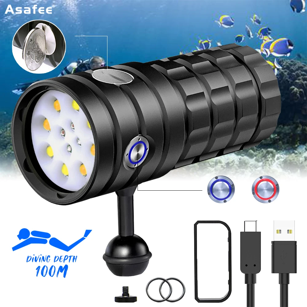 

Asafee DR12 100M Underwater Scuba Diving Flashlight 8000LM XHP50 LED Flashlight IPX8 Waterproof Built-in battery 9 modes Lantern