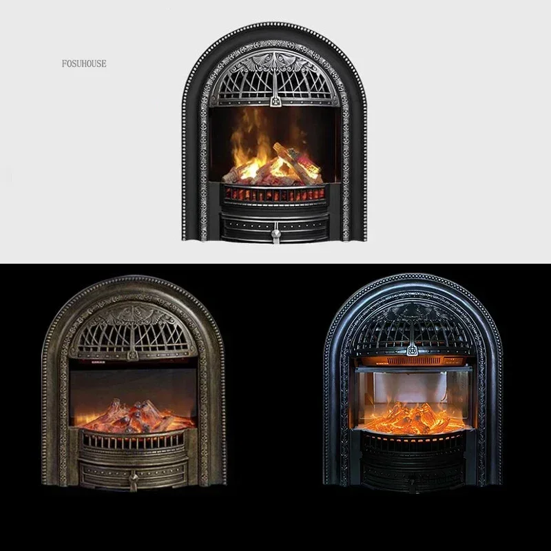 เตาผิงเหล็กหล่อตกแต่งห้องนั่งเล่นสไตล์ฝรั่งเศสแบบใหม่ พร้อมแกนเตาโค้ง ใช้เป็นโต๊ะมุม ให้ความร้อนและจำลองเปลวไฟ 1