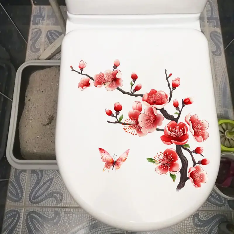 Peach Blossom And Plum Blossom Wall Sticker Bathroom Toilet Decor Decals Living Room Cabinet Home Decoration S221 vinyl stickers,toilet stickers,toilet wall stickers