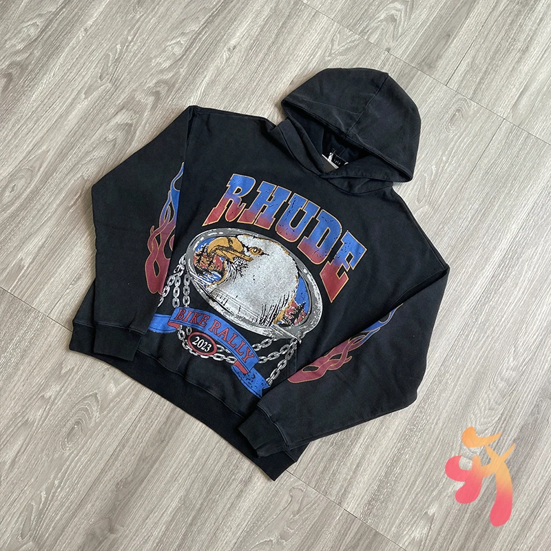 

New Winter Rhude Hoodie Eagle Flame Print Distressed Washed Vintage Hooded Pullover High Street Oversized Men Women Sweatshirts