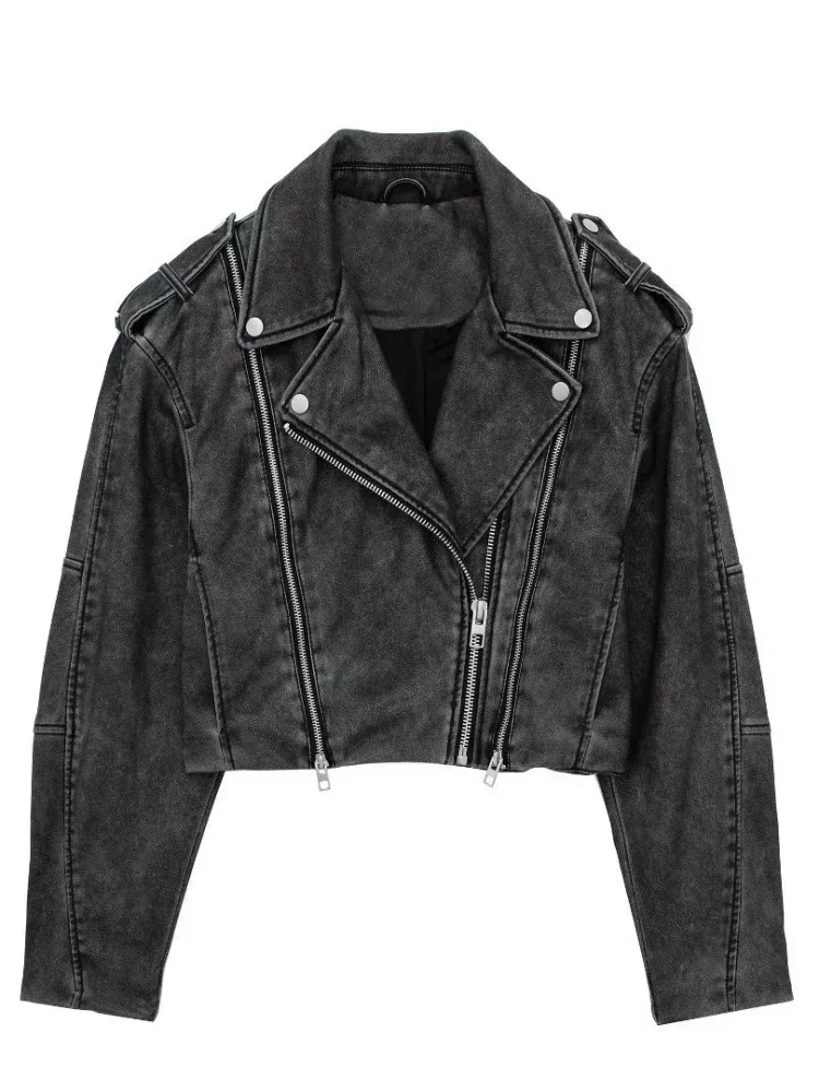 

FTLZZ New Spring Autumn Women Streetwear Motorcycle Pu Coat Lady Vintage Loose Turn-down Collar Faux Leather Short Jacket