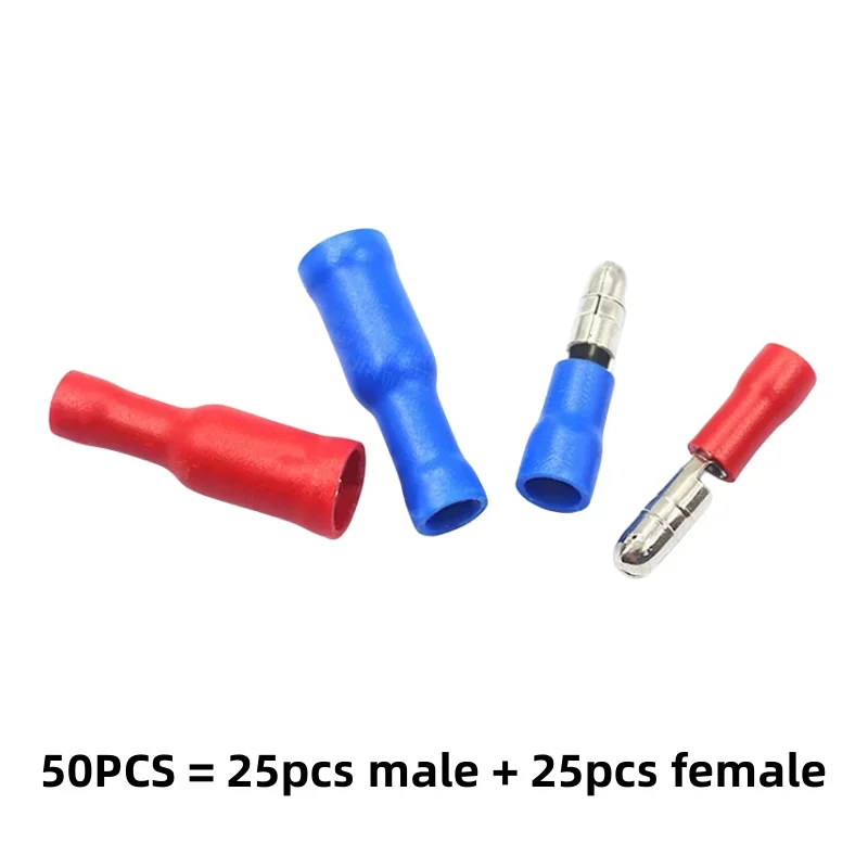 

Hot 50Pcs X Male Female Bullet Connector Crimp Terminals Wiring For 22-16AWG 16-14AWG 0.5-1.5/1.5-2.5 Wire