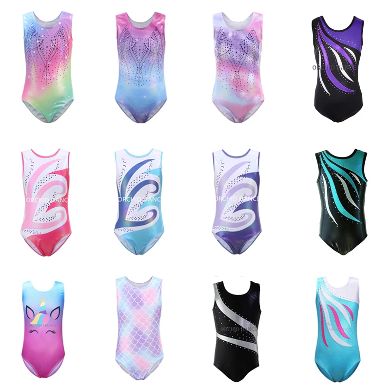 Full Size Kids Girls Children Sleeveless Tank Rhinestones Rhythmic Gymnastics Ballet Leotard Dance Leotard Girls Dance Costumes