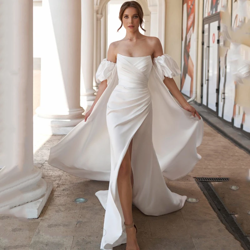 

Eightree Elegant Mermaid Wedding Dresses Strapless High Split Latern Sleeve Evening Dress Boho Beach Wedding Prom Gown Plus Size