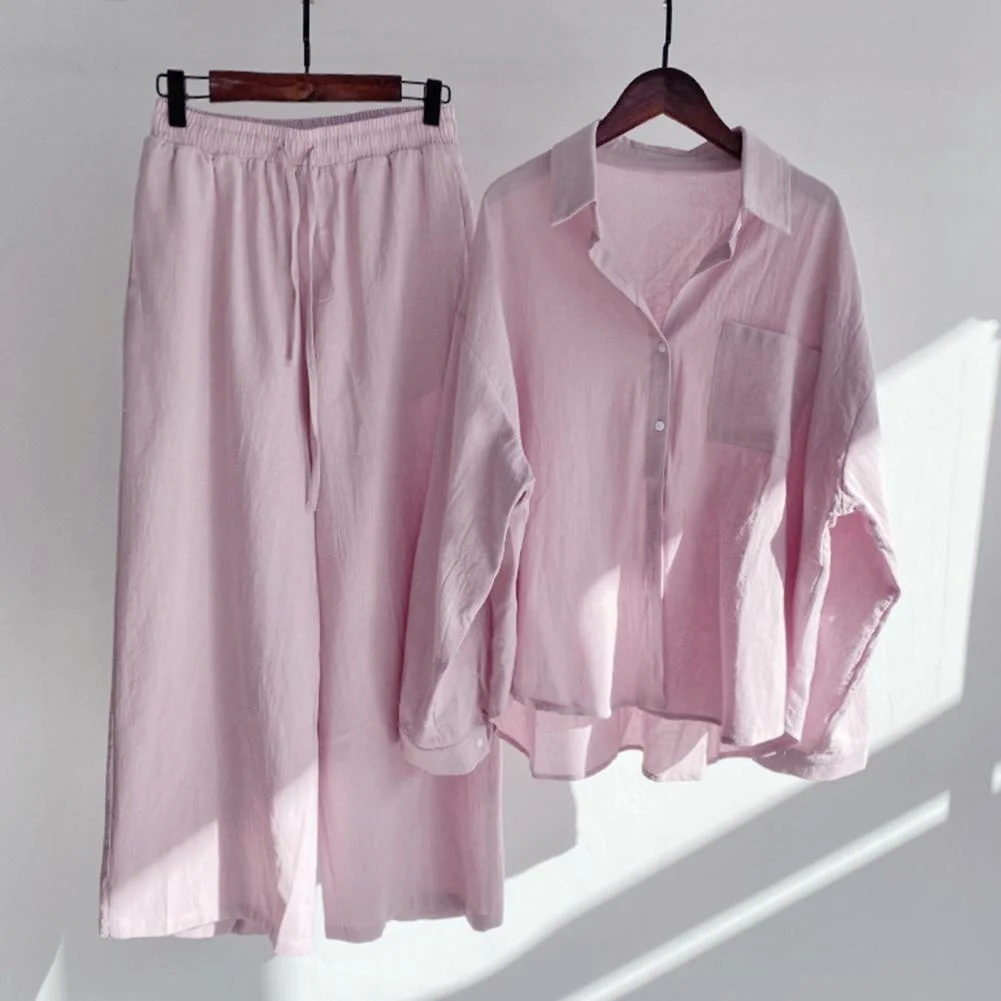 Women Tracksuit Sets Oversized Blouse and Wide Leg Pants 2 Pieces Sets Solid Color Elastic Waist Casual Tops Pants Suit summer women cotton sets casual two pieces short sleeve t shirts and high waist short pants solid outfits women tracksuit shorts