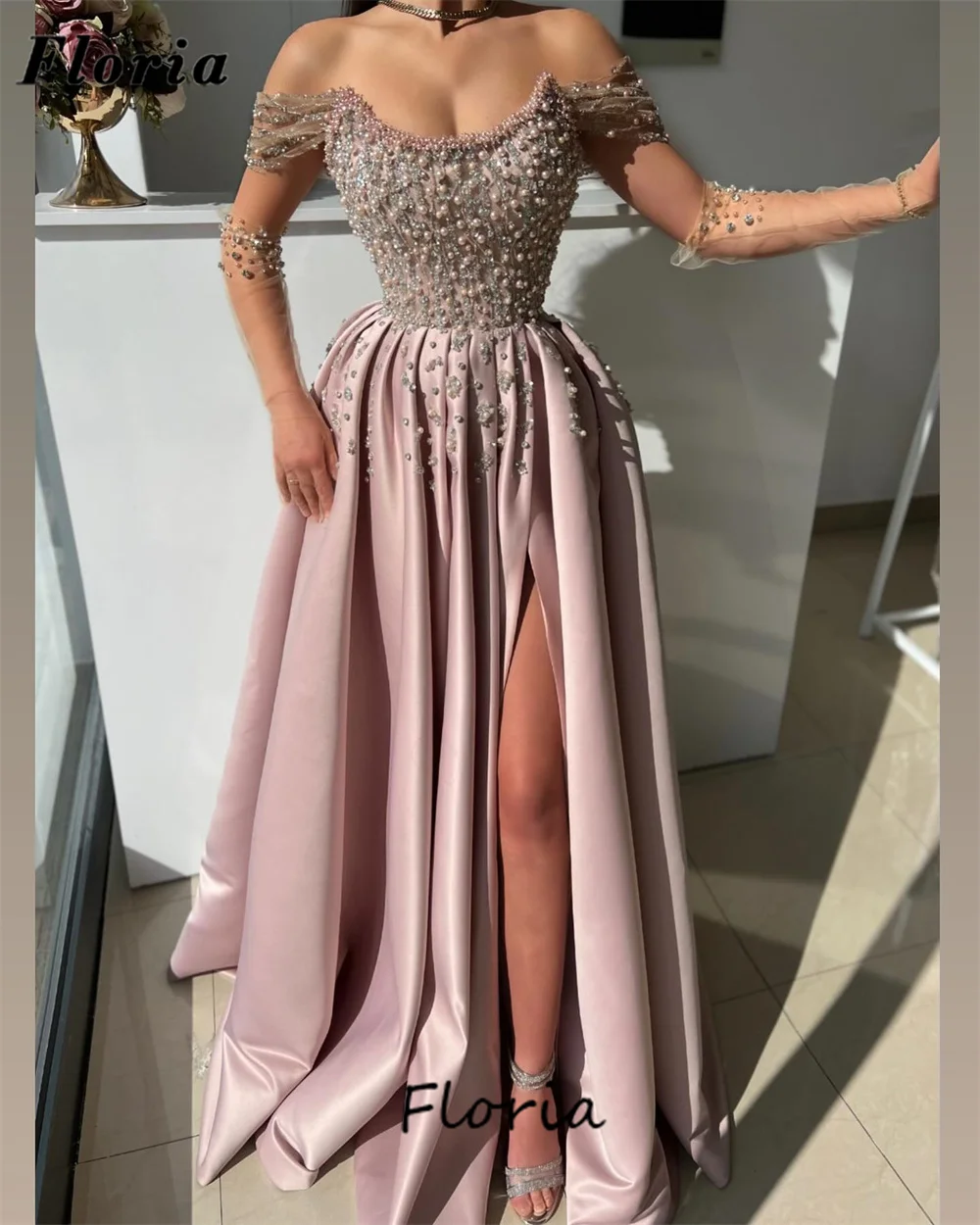 

New Fashion 2024 Pink Evening Dresses Strapless Pearls Vestidos De Cóctel Arabic Beaded Cocktail Dress Engagement Party Gowns