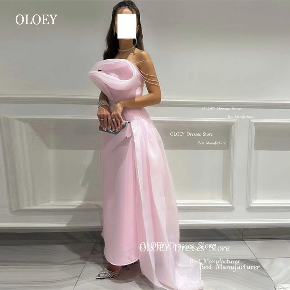 

OLOEY Sweet Pink Organza A Line Evening Dresses Strapless Ankle Length Prom Gowns Saudi Arabic Lady Princess Formal Party Dress