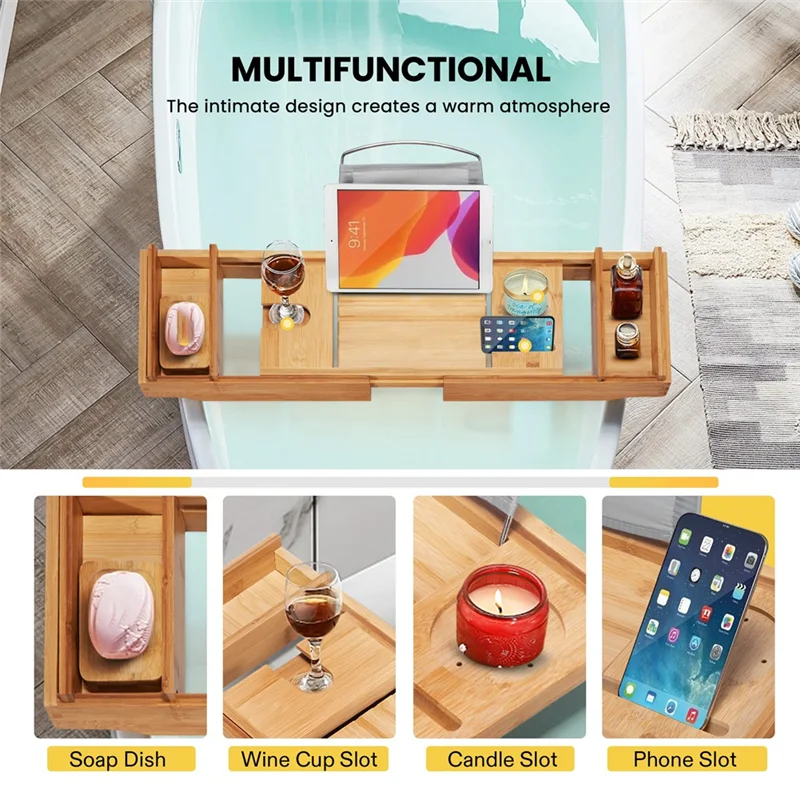 1 PCS Bamboo Expandable Bathroom Organizer Bathtub Storage Board With Cellphone Tablet And Wine Book Holder B