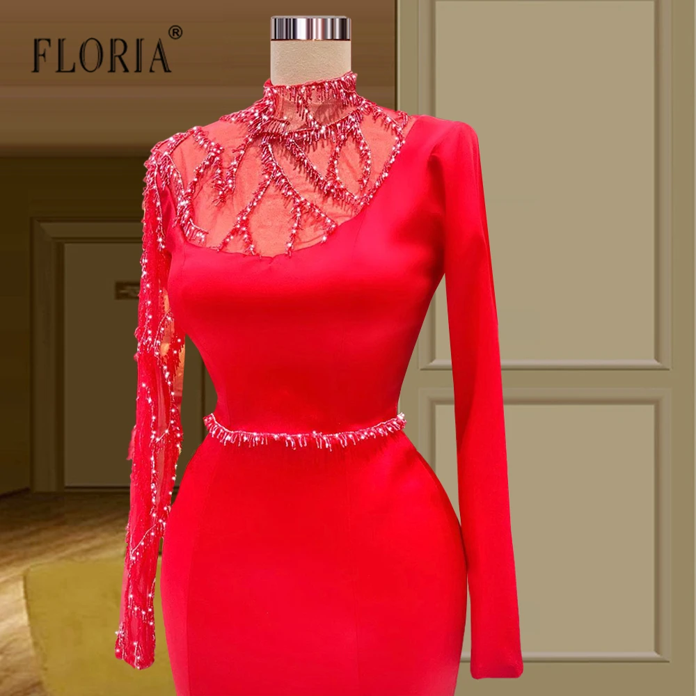 

Modest Red High Neck Lone Sleeve Mermaid Evening Dresses New Split Side Beaded Prom Gowns For African Woman Formal Party Dress