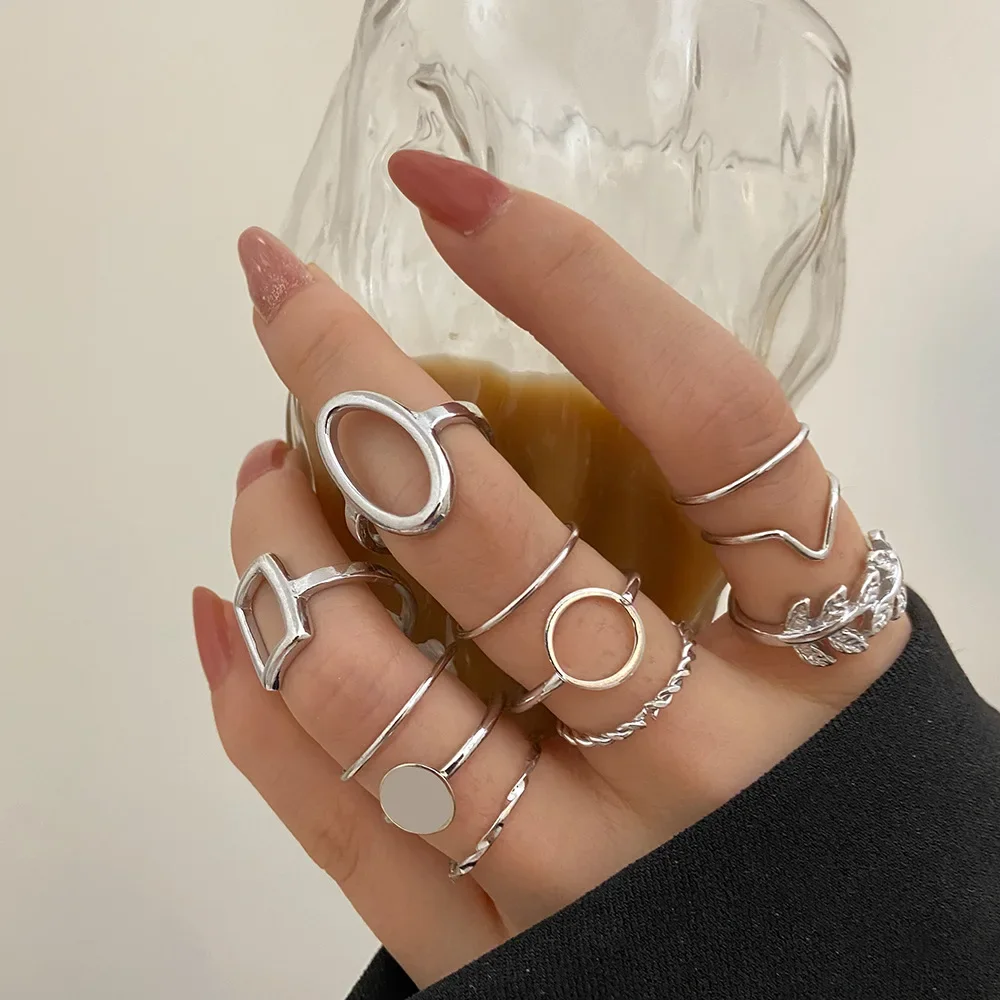 Fashion Creative Geometric Leaf Wave Hollow Ring Set 11 Pcs For Women Men Simple Knuckle Ring Charm Wedding Party Jewelry