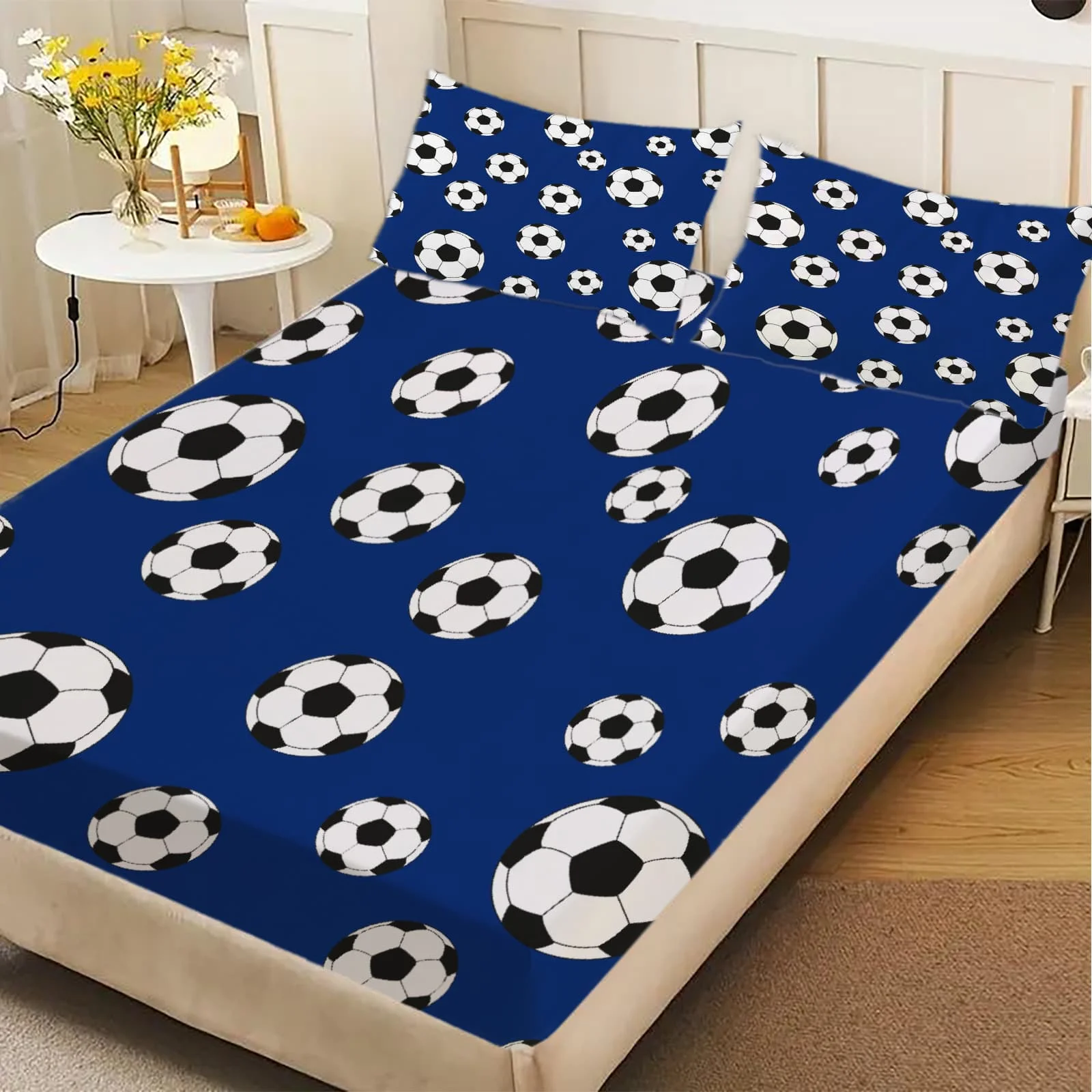1-Pc Soccer Ball Print Design Bed Sheet -100% Polyester, Digital Print, Breathable All-Season Fitted Sheet and Pillowcase Set 2
