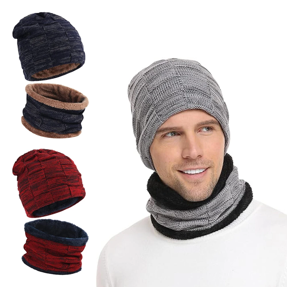 

Winter Knit Beanie Hats Scarf Set Men Women Warm Skull Cap Neck Warmer with Thick Fleece Lined Slouchy Skull Cap for Unisex Gift