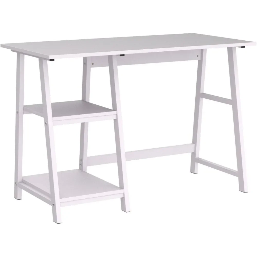 

43" White Desk Home Office Computer Working Kid Student Study Table with 2-Tier Storage Bookshelves Modern Simple Study