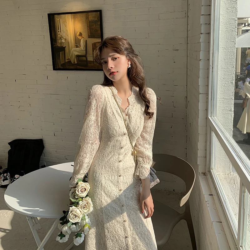 Elegant Lace Long Sleeve Midi Dress Winter White Women V-neck Korean Dress  Spring One-piece Evening Lady Party Fairy Dress 2023 - AliExpress 200000345