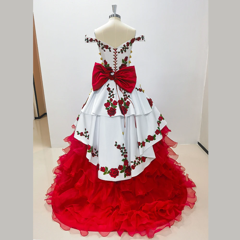 Prom Dress Gorgeous Embroidery Charro Quinceanera Off The Shoulder Bow Tiered Satin Ball Gown Sweet Evening Party party dress,quinceanera dresses