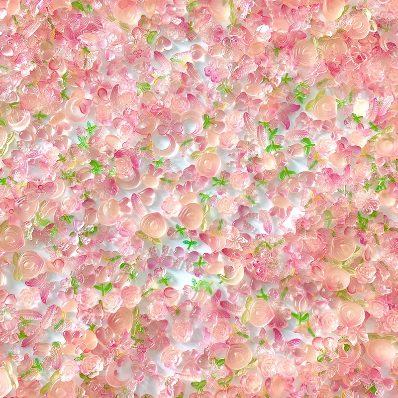 

50pcs Sweet Honey Peach Series Resin Nail Art Charms 3D Pink Girl Nail Kawaii Decoration DIY Butterfly Bow Moon Nail Accessories