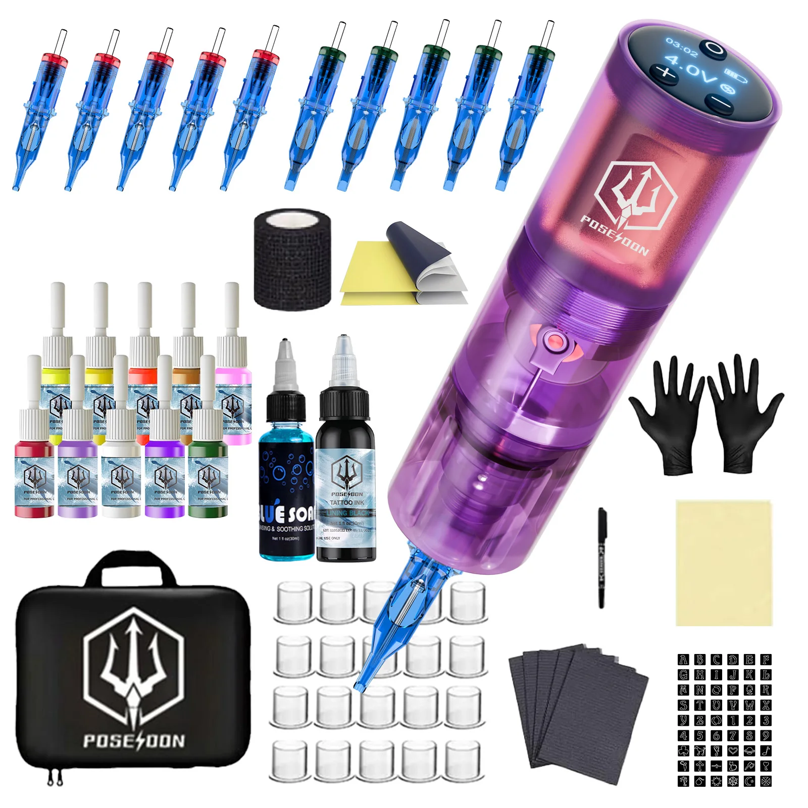 POSEIDON Tattoo Kit Purple Tattoo Pen Kit For Permanent Makeup Machine High Power Power Supply Gun tattoo supplies tattoo kit