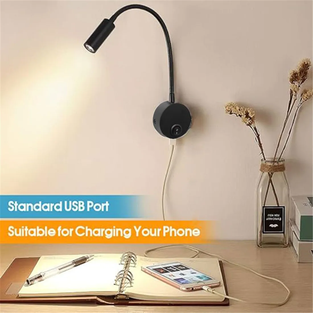 USB Charging Port Black Silver White led Reading Light 3000K 4000K 6000K 3W LED USB Gooseneck Wall Lamp for Hotel Home Bedside 6